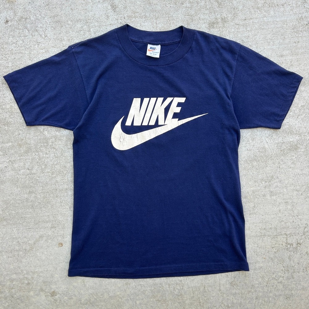 Vintage 70s Nike T Shirt Navy Blue Swoosh Spellout Orange Tag Made in USA Single